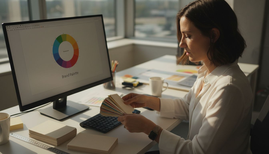 Designer evaluating business card color samples