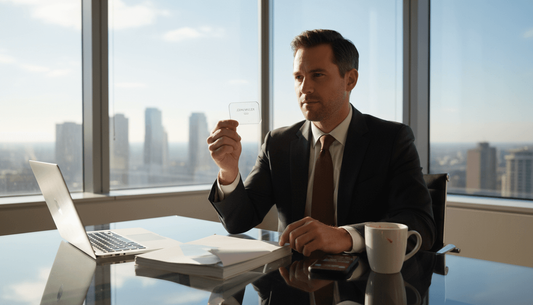 Executive reviews clear plastic business card in office