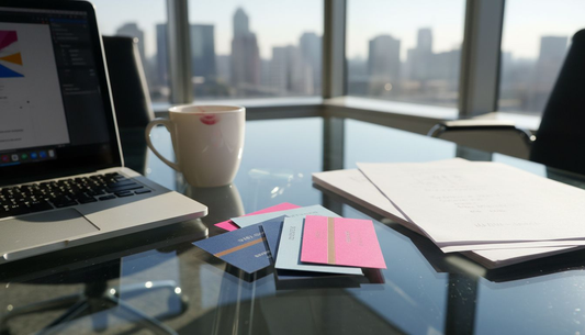 Business cards reviewed in sunlit office