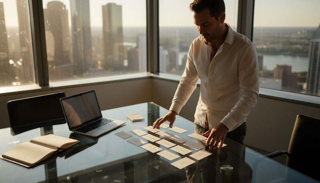 Director reviewing luxury business card samples in office