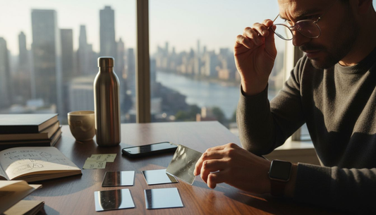 Person examining several mirror business cards
