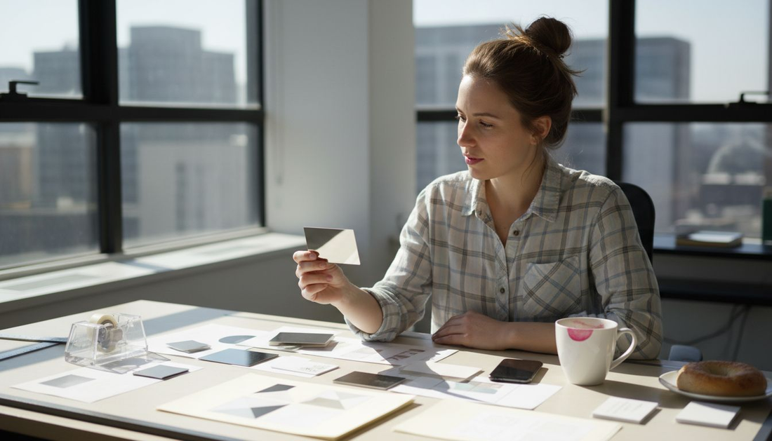 Designer checking mirror business card samples