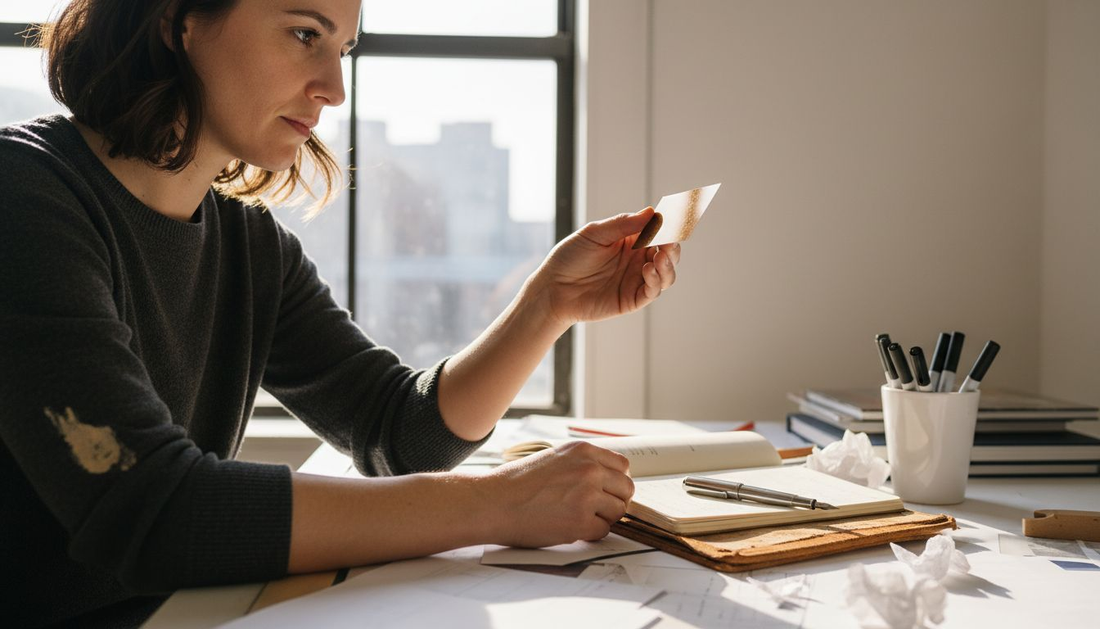Designer examining reflective business card at desk