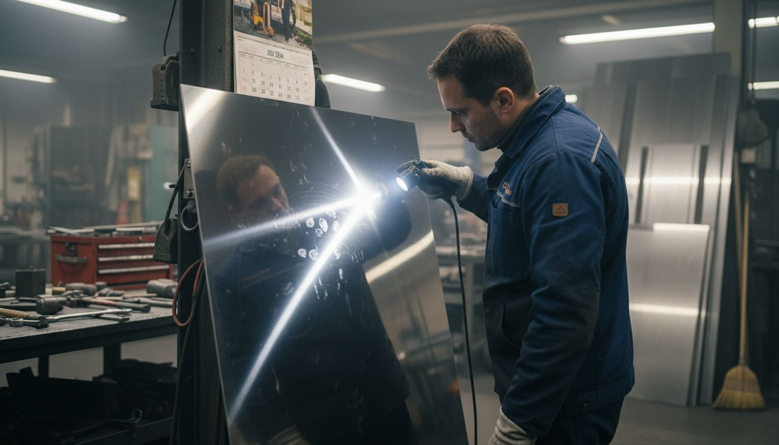 Technician inspecting mirror finish metal sheet