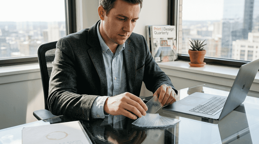 Man examining clear business cards on office desk