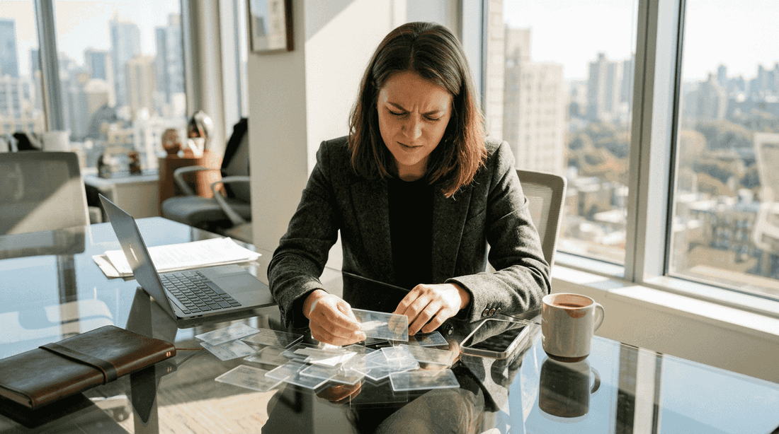 Person struggling to read busy clear business cards