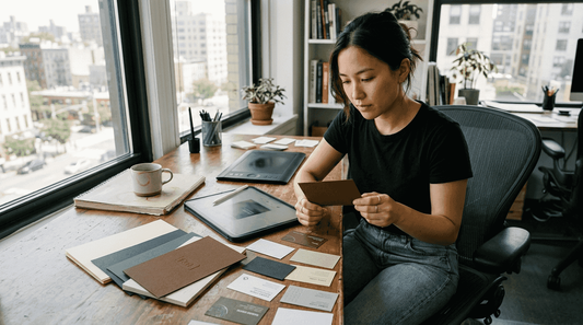 Designer reviewing business card prints in corner office