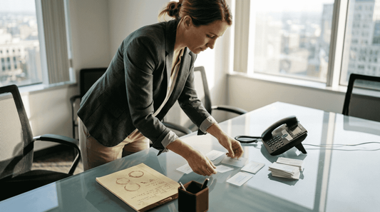 Manager sorting translucent business cards in office