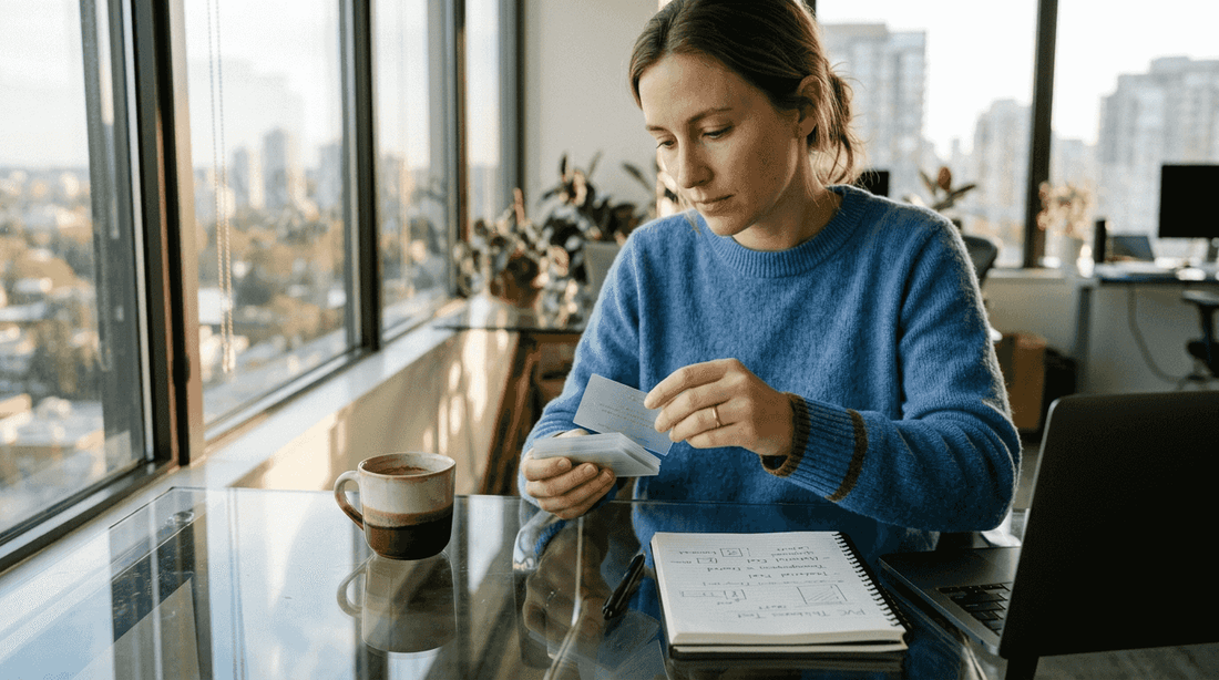 Designer handling translucent business cards at window desk