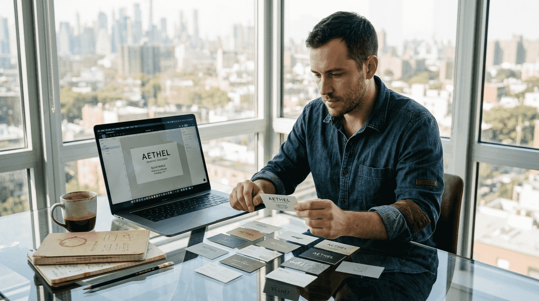 Designer reviewing business card designs in office