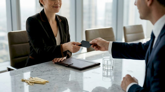 Businesswoman receives luxury black business card