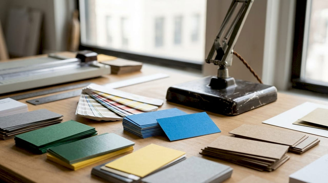 Designer sorting colorful business card samples