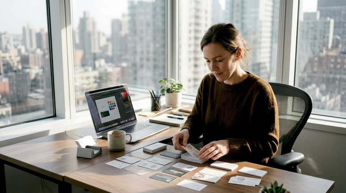 Designer reviewing stack of business cards