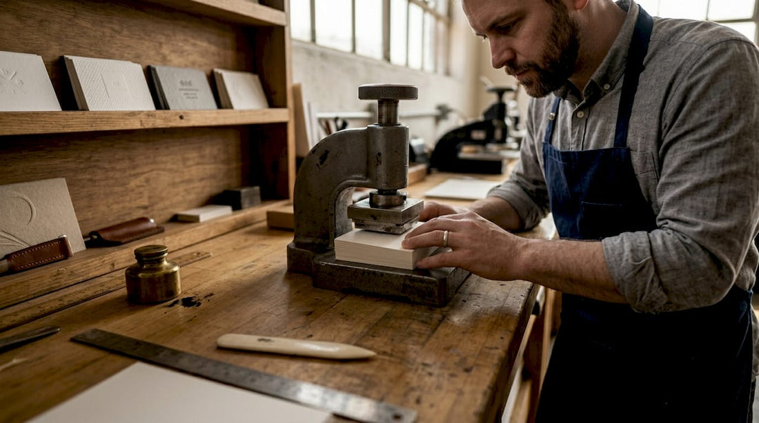 Artisan embossing business cards in studio