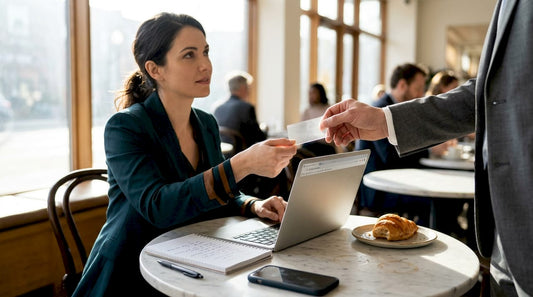 Professionals exchanging transparent business card