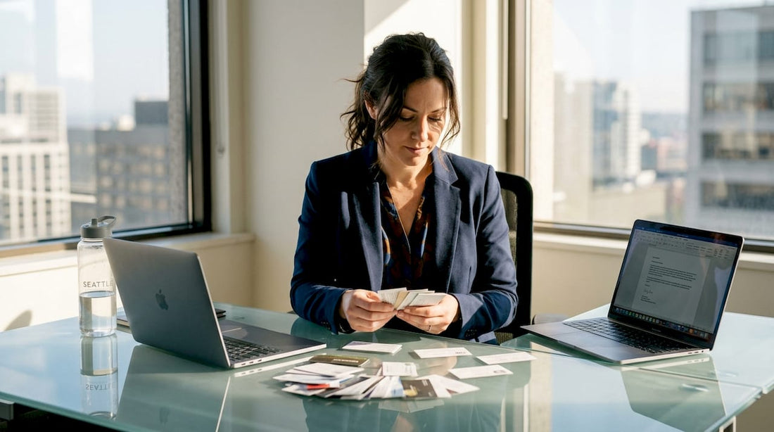 Manager reviewing business card essentials