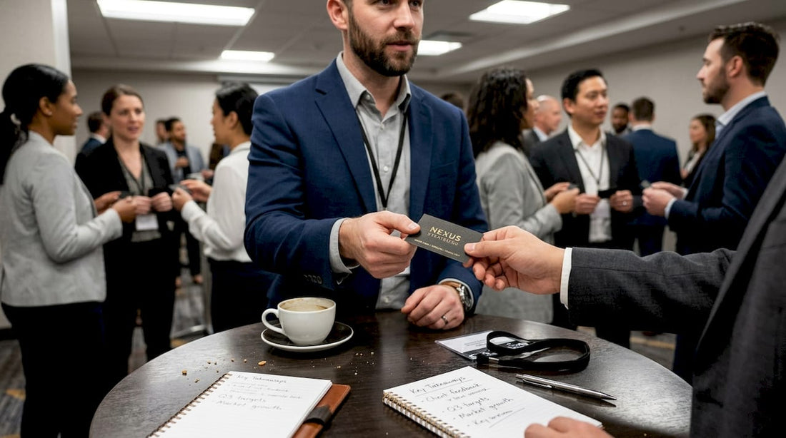 Professional exchanging business card at conference