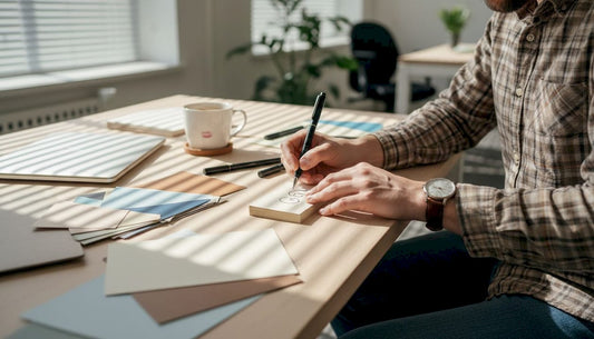 Designer drafting business card logos at desk