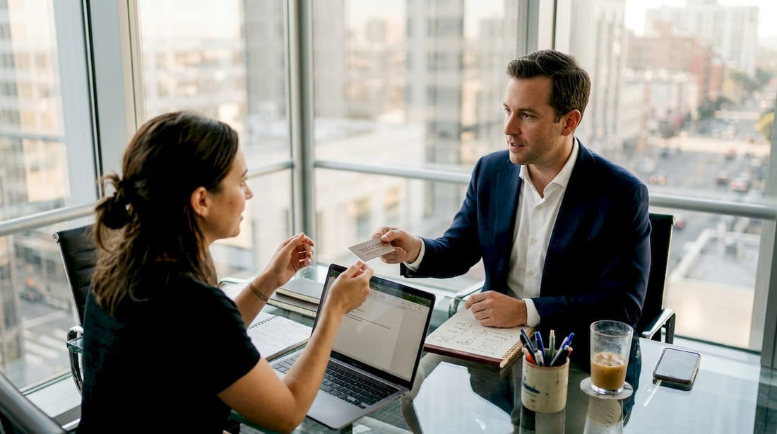Businessman handing unique card in office meeting