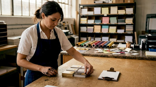 Print shop worker aligning metallic-accent cards