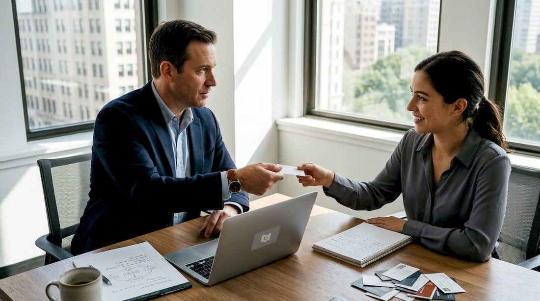 Professional exchanging business card in office