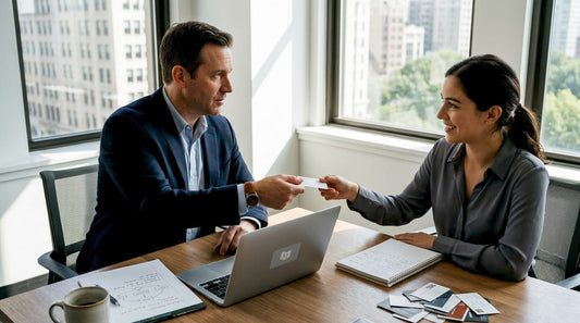 Professional exchanging business card in office