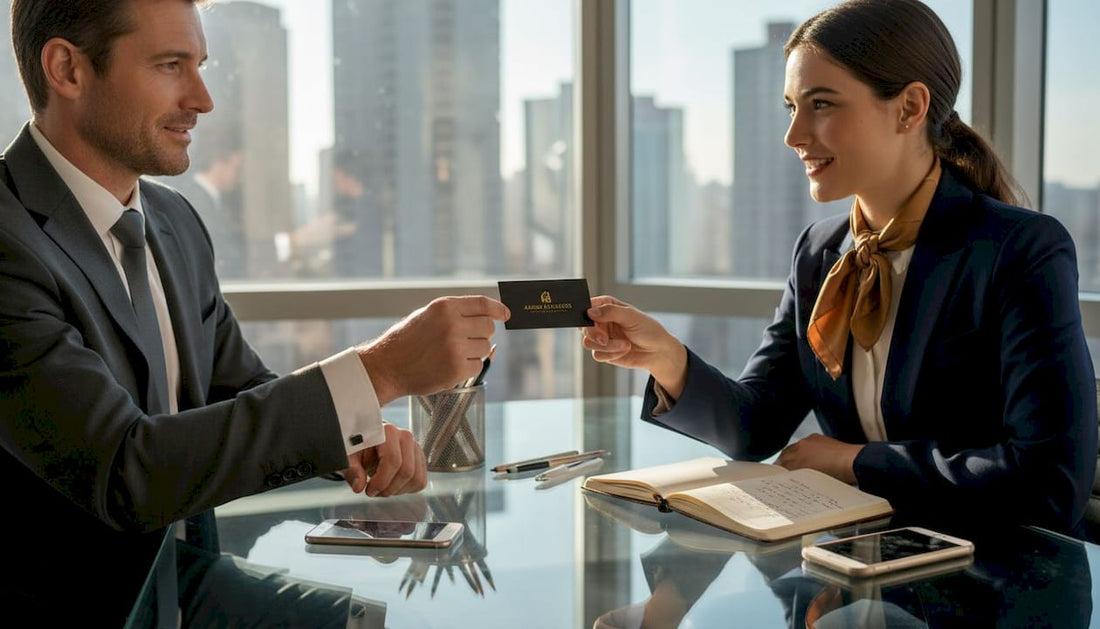 Executive handing luxury business card in office