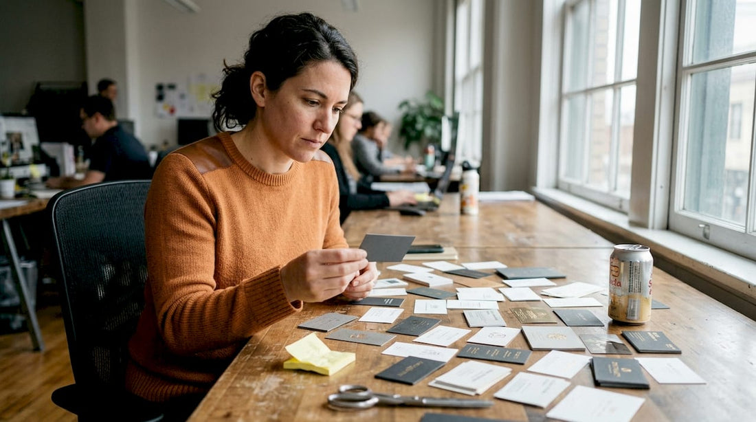 Designer reviewing business card finish samples