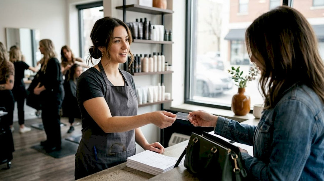 Stylist handing clear business card in salon