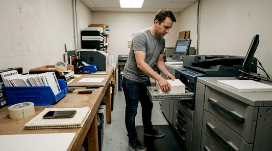 Technician loading business card stock into digital press