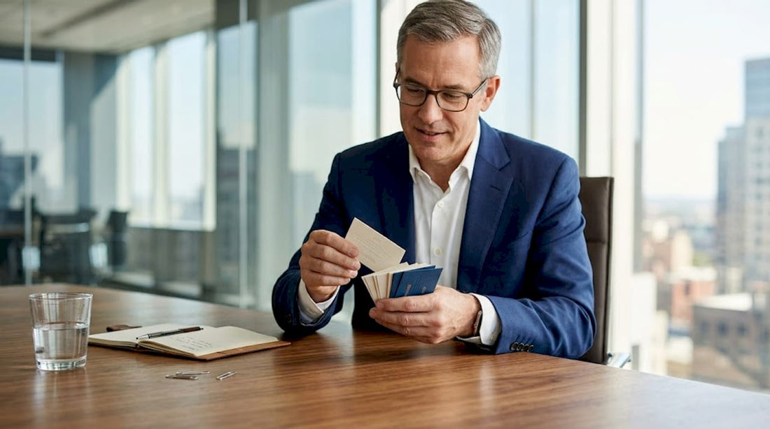 Executive reviewing stack of premium business cards