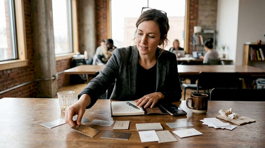 Brand manager reviews premium business card mockups