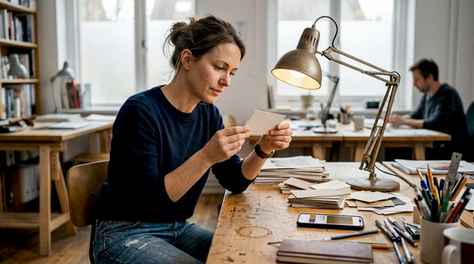 Designer reviewing business card sample workflow