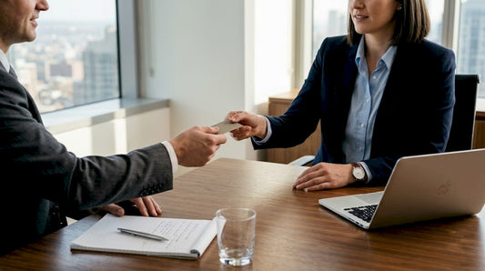 Passing business card at office meeting table
