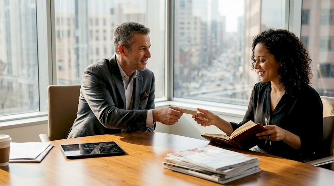 Executives exchanging premium business cards in office