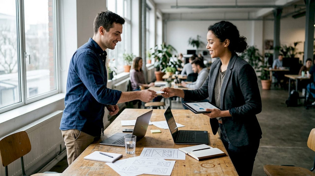 Startup founder giving business card in workspace