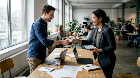 Startup founder giving business card in workspace