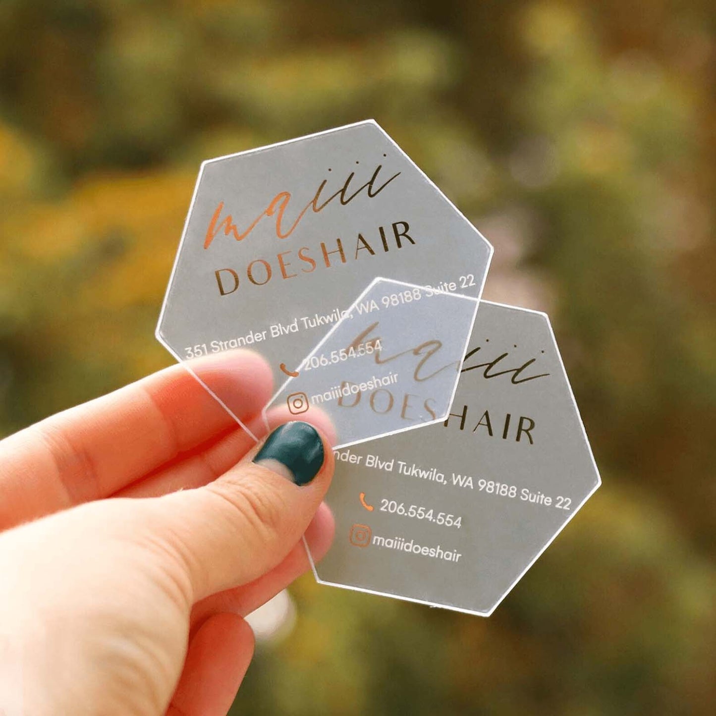 Hexagon Custom Shaped Business cards | Foil Stamped Frosted Plastic BcardsCreation