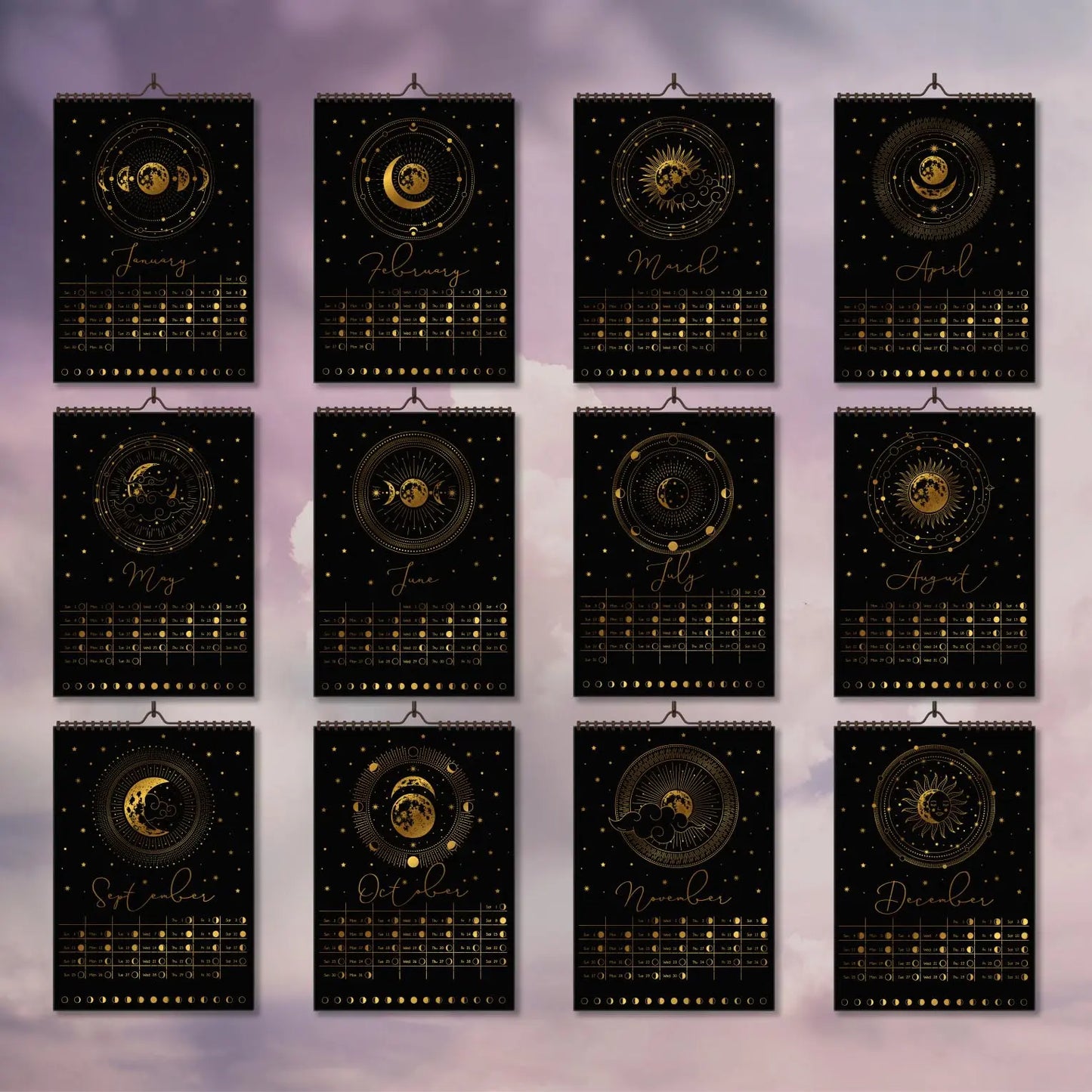 Moon Phases Calendar 2024 with Holographic or Gold foil BcardsCreation