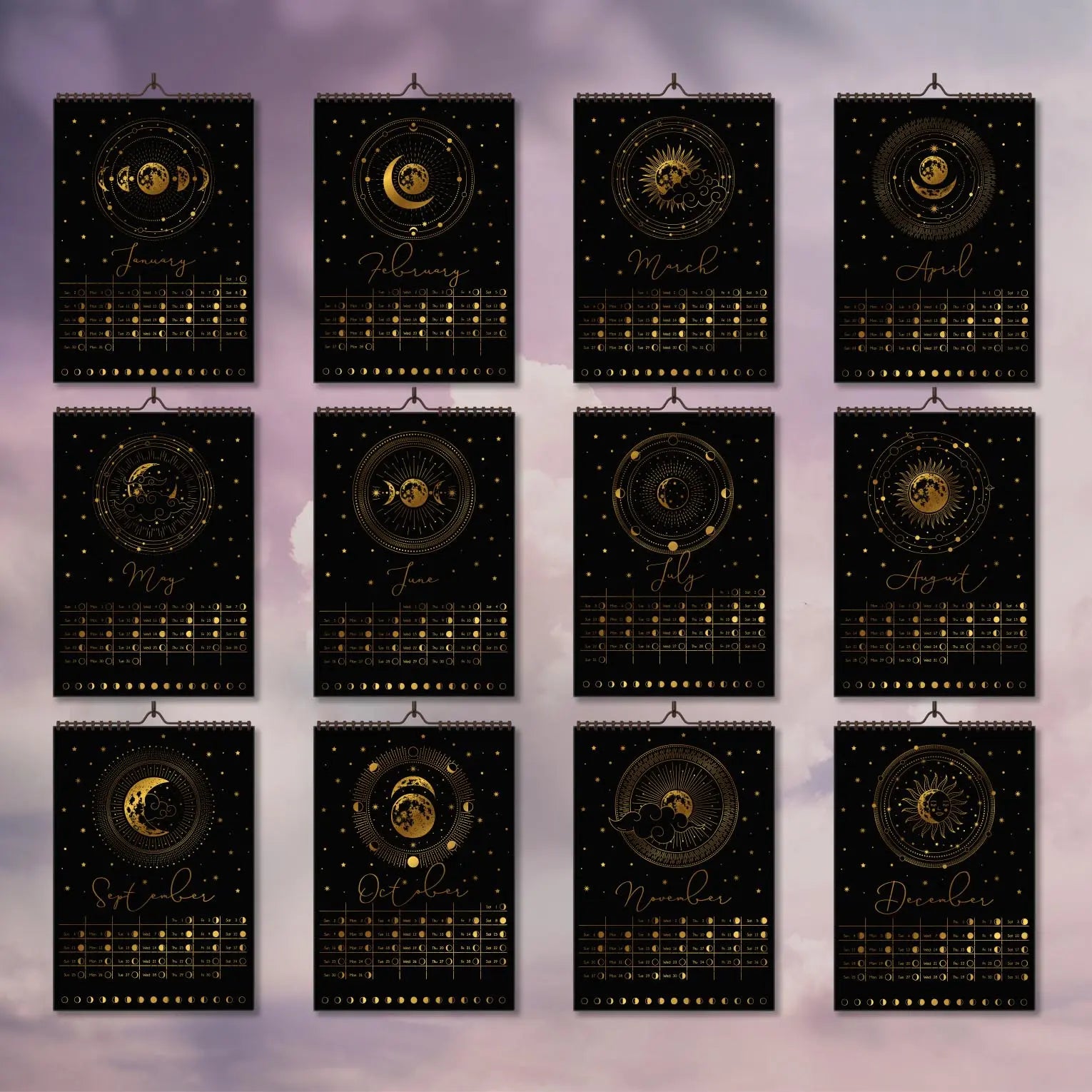 Moon Phases Calendar 2024 with Holographic or Gold foil BcardsCreation