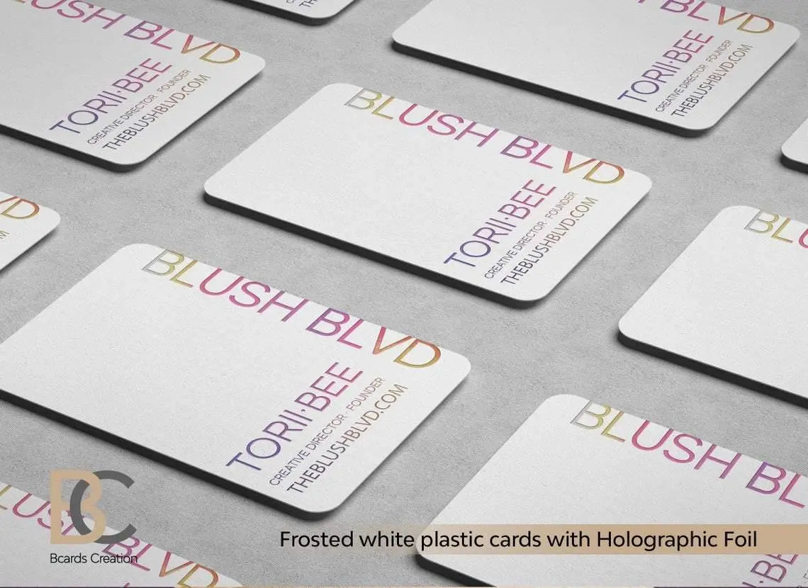 Frosted White plastic, 1-3 foils,  PVC Plastic Business Card,  Real Gold Silver Holographic Foil Stamping - BcardsCreation