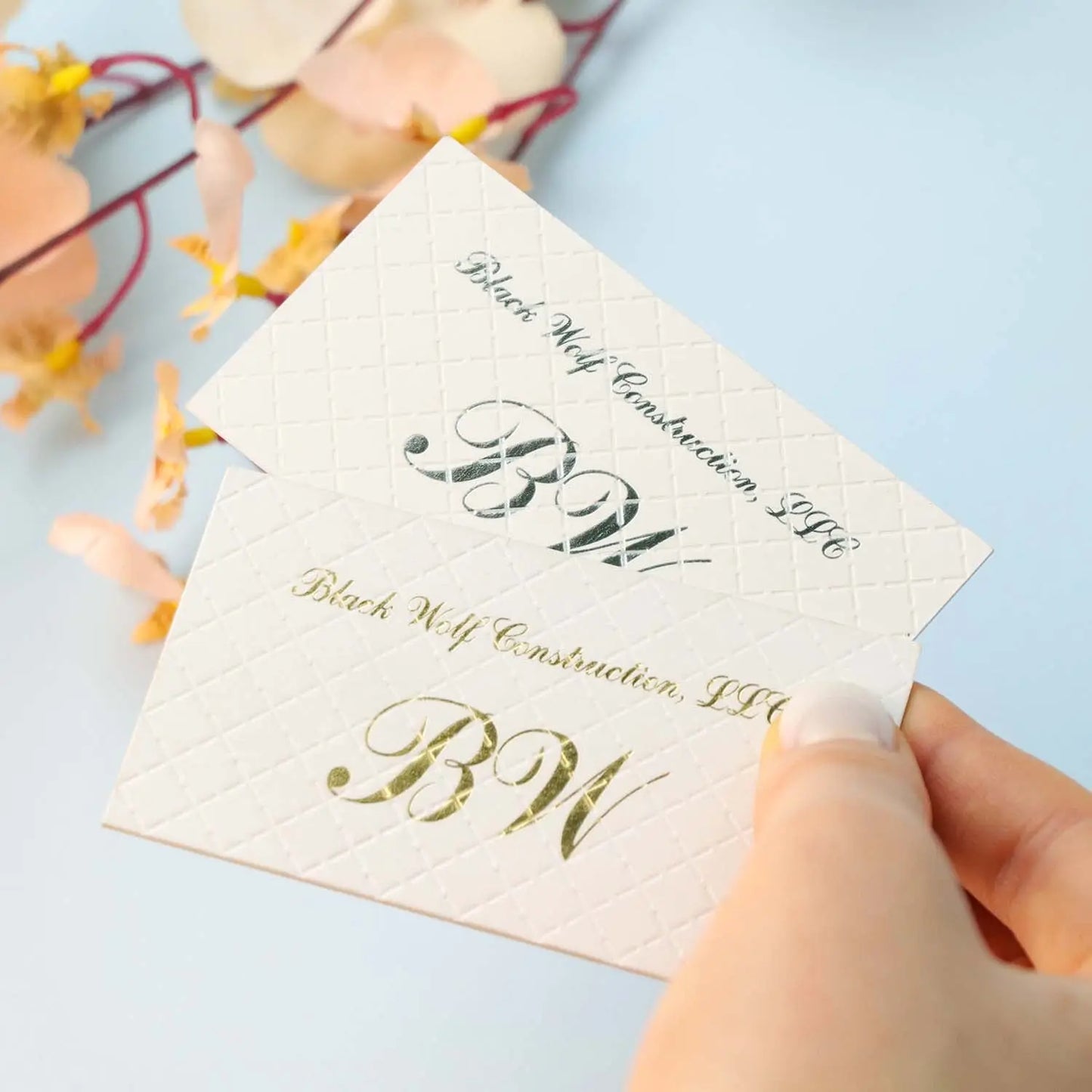 Letterpress Business Card with full color print and real foil Rose Gold Business card on Black Paper Foiled Unique Business Cards BcardsCreation