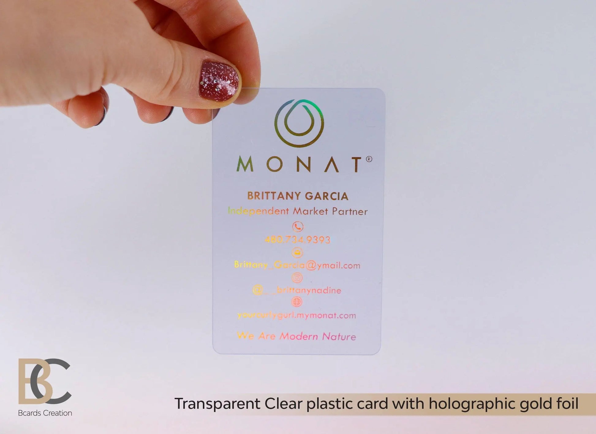 MONAT Business Cards | Foiled Clear Plastic | Holographic, Gold, Neon foils 