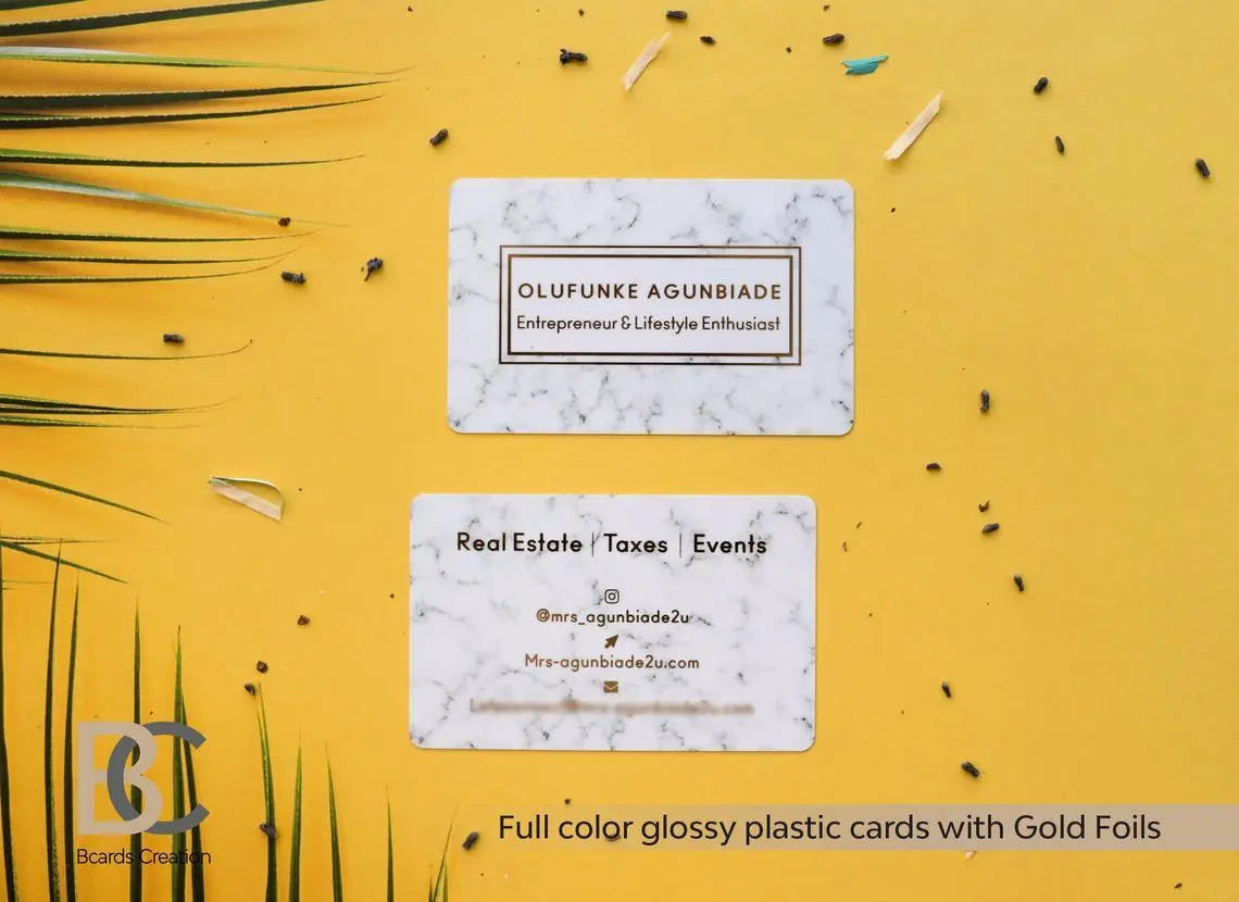 Marble Glossy Plastic Business Card for Real Estate agent, Event Creator, Entrepreneur with Real Gold Foil - BcardsCreation