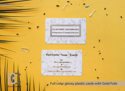 Marble Glossy Plastic Business Card for Real Estate agent, Event Creator, Entrepreneur with Real Gold Foil - BcardsCreation
