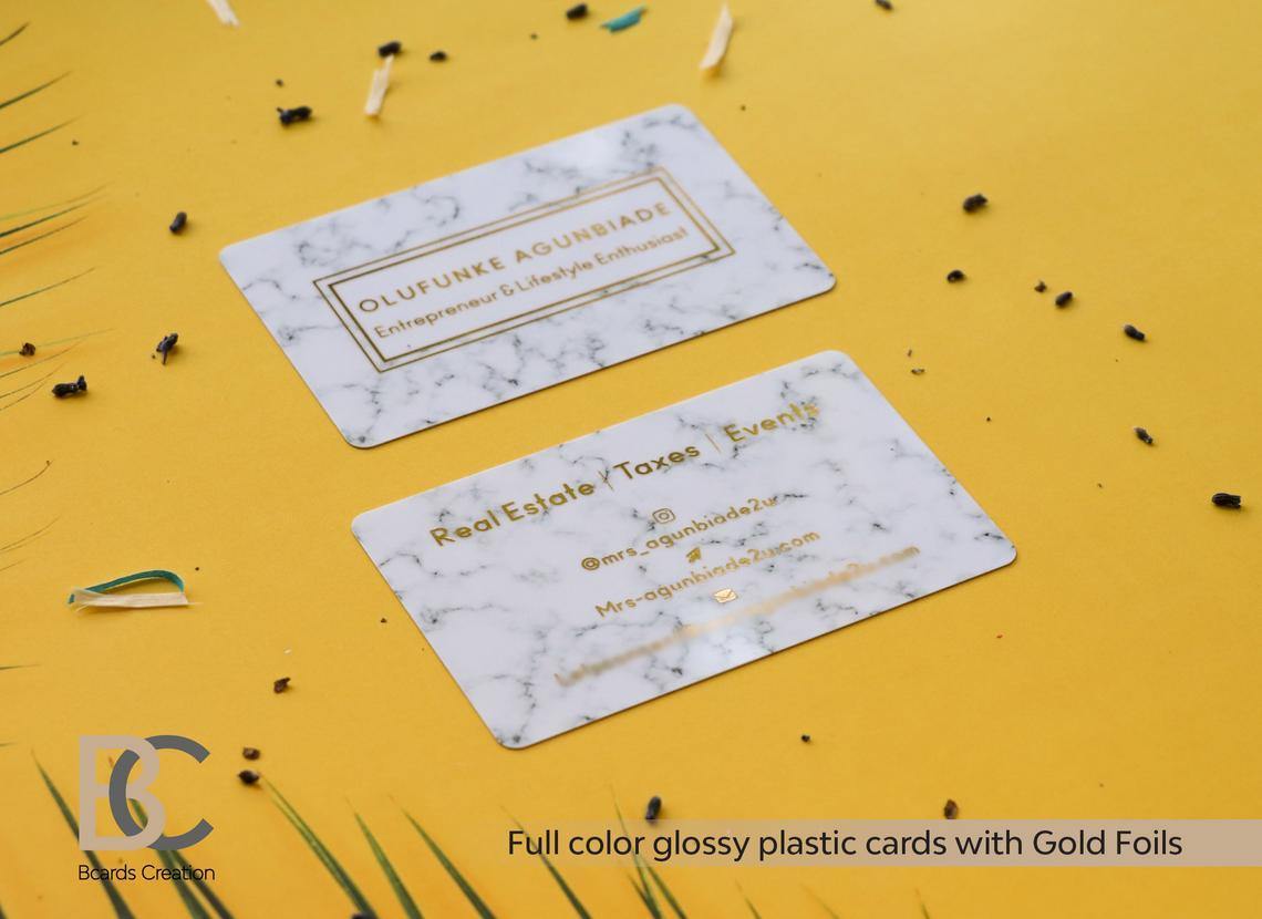 Marble Glossy Plastic Business Card for Real Estate agent, Event Creator, Entrepreneur with Real Gold Foil - BcardsCreation