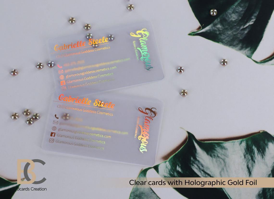 Multicolor Business Cards, Clear plastic, Glossy finish, Neon Holographic Foils | Red, Rose gold, Orange, Pink, Purple foils - BcardsCreation