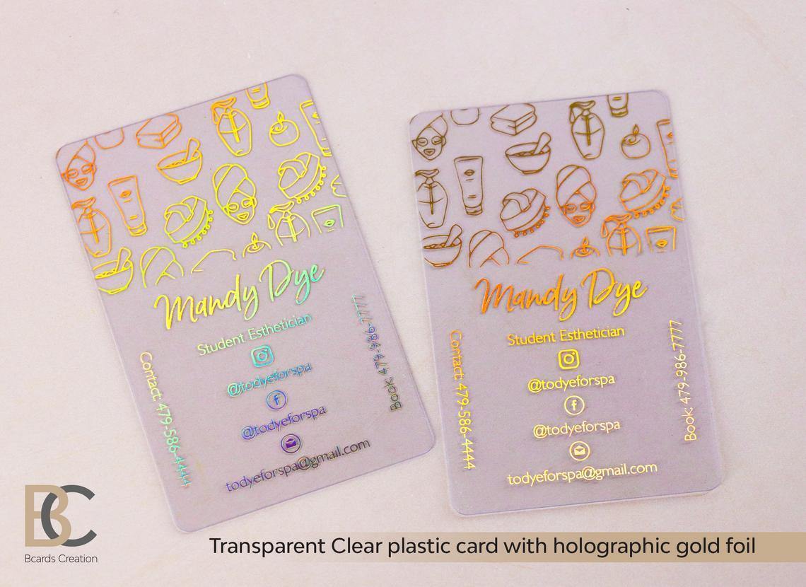 Multicolor Business Cards, Clear plastic, Glossy finish, Neon Holographic Foils | Red, Rose gold, Orange, Pink, Purple foils - BcardsCreation