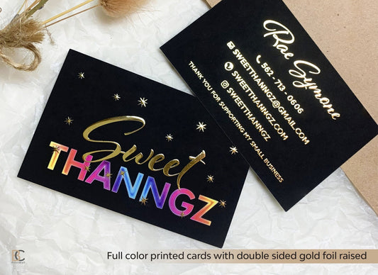 Full-color raised foil business cards, Cardstock 24 pt paper, Soft touch finish