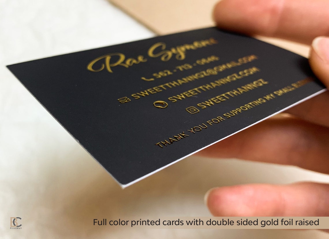 Full-color raised foil business cards, Cardstock 24 pt paper, Soft touch finish